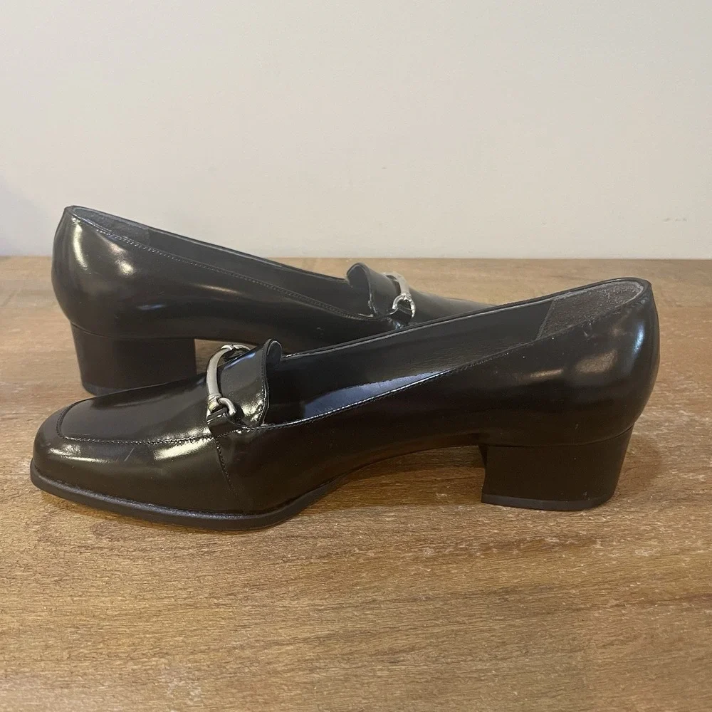 VTG Vaneli Made in Italy Black Patent Horsebit Square Toe Pumps Loafers 7M Y2K